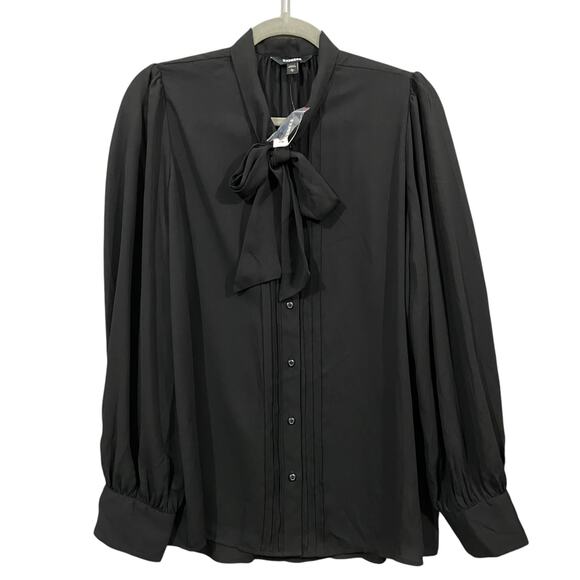 Express Tops - Express Tie Neck Black Long Sleeves Button Up Shirt Women's Size Large